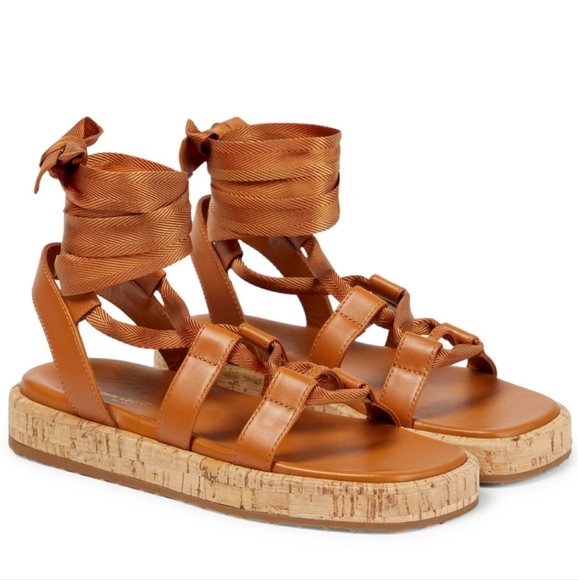 Gianvito Rossi Vitello Leather Cork Ribbon Brown Sandals sz 10 - Picture 3 of 14